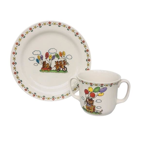 Lefton China New Mommy Double Handle Cup and Saucer Colorful Baby Bears Balloons - Picture 16 of 16